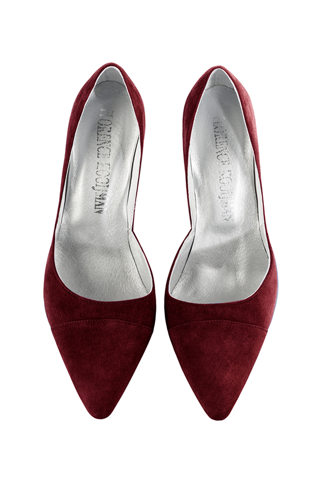 Women's burgundy red elegant open arch pumps. Tapered toe. High spool heels - Top view